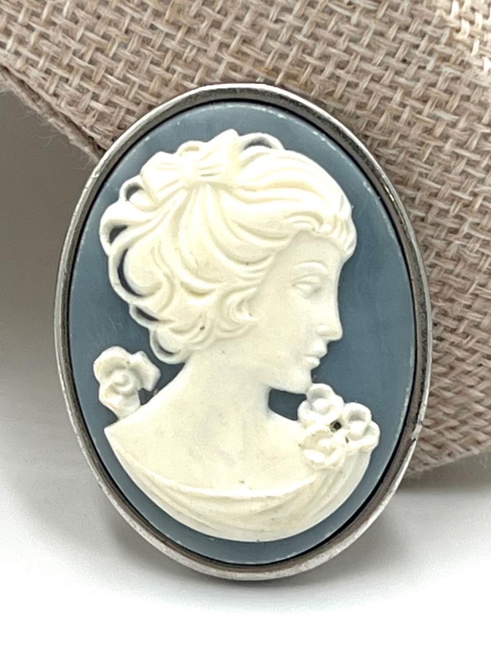 Crown Trifari Emboss Cameo Silvertone Blue Celluloid Brooch
